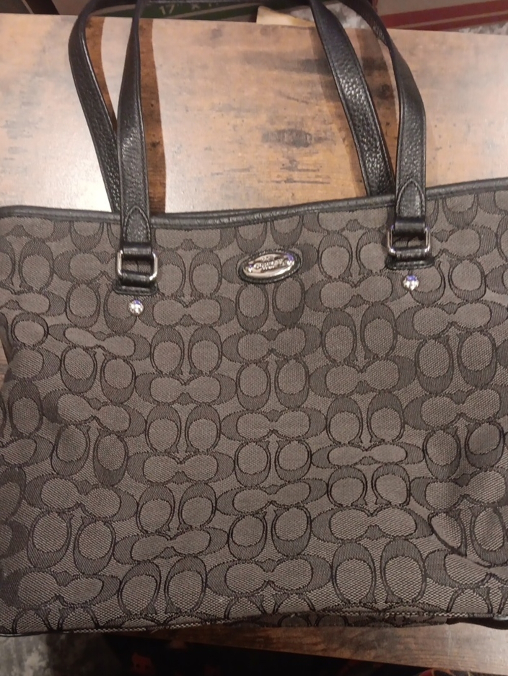 Coach Outlined Signature Zip Top Tote Black Grey Canvas Leather Handbag F36185